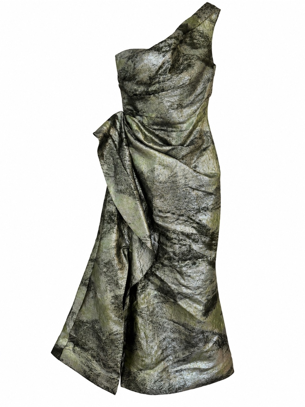Rickie Freeman for Teri John Metallic Watercolor Jacquard One-Shoulder Gown